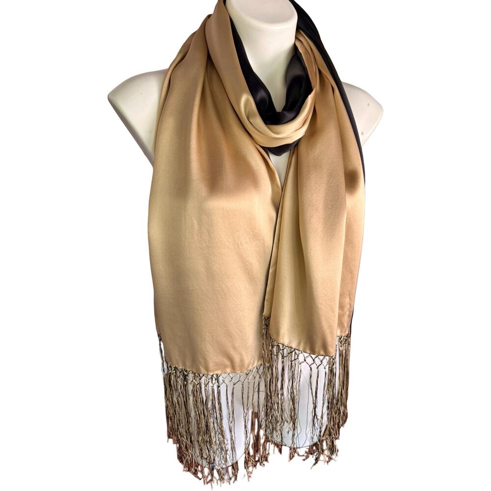 Vintage 1930s Reversible Silk Charmeuse Scarf Wrap Gold Black 21x88 - Picture 8 of 15